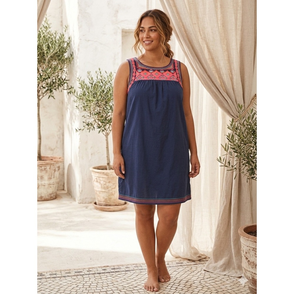 Retro Vacation Embroidered Aztec Mini Dress Cotton Southwestern Blue Size L